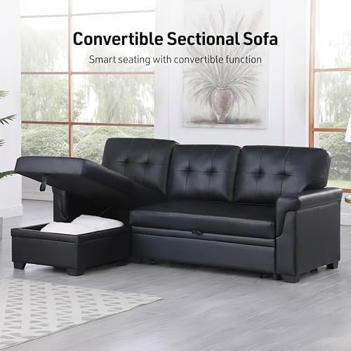 Lilola Home Convertible Sectional Sleeper Sofa Bed 84 Inch, L Shaped Couch with Pull Out Bed, Storage Chaise, Removable Back Cushions for Living Room, Office, Linen Fabric, Dark Gray