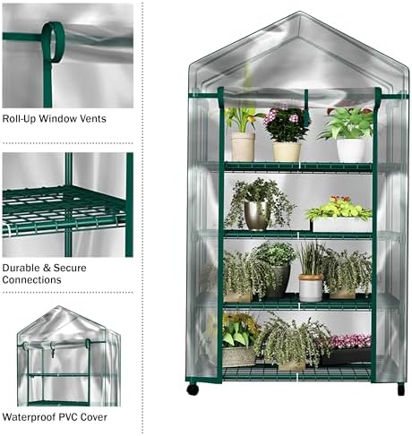 4 Tier Mini Greenhouse - Portable Greenhouse with Locking Wheels and PVC Cover for Indoor or Outdoor Green House by Pure Garden