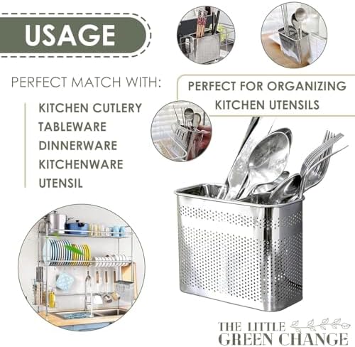 Kitchen Utensils Chopsticks Holder Drying Rack Basket with Hooks 2 Divided Compartments Quality Stainless Steel Large L5.4 X H4.3 X W2.6