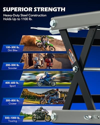OMT 1100lb Motorcycle Scissor Lift Jack Wide Deck Motorbike Hoist Stand | Center Stand For ATV Dirt Bike Cruiser; T Handle And 3/8 Inch Socket; 3.7 To 14.6 Inch Lift; 5 Locking Holes; Chain Brush