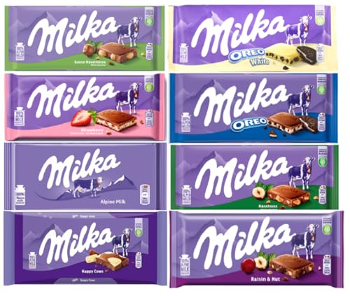Milka European Chocolate Bars Variety Pack of 8 Full Size Bars, No Duplicate Chocolate