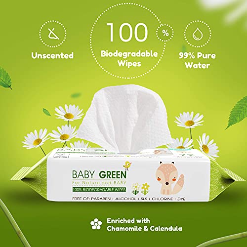 Yugi Green Baby Wipes for Babies Unscented, Made with Renewable Plant Fibers, Plant-Based, Fragrance-Free, for Sensitive Skin, 12 Packs, 72 Count
