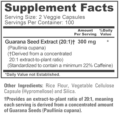 Guarana seed, Non-GMO, Vegan, 300mg, 200 Veggie Capsules - 100 Servings | Plant Based, 20:1 Paullinia cupana Extract, 22% Caffeine