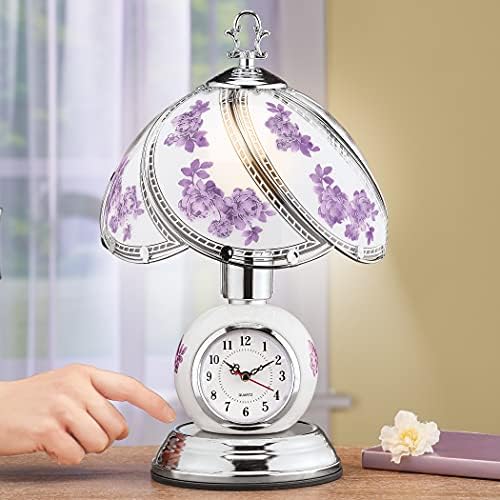 Collections Etc Rose Glass Panel Touch Lamp with Analog Clock - Silver-Toned Base - 3 Levels of Brightness - Glass, Metal - 9" Dia x 14.5" H