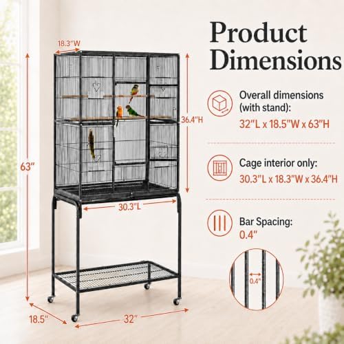 Yaheetech 63-Inch Wrought Iron Rolling Large Bird Cage for African Grey Small Quaker Amazon Parrots Canary Bird Flight Cage