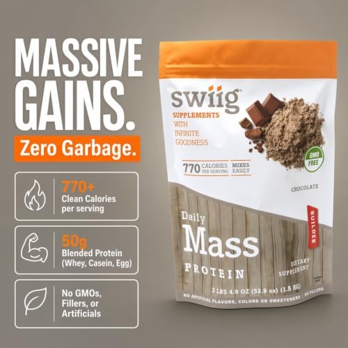swiig Mass Builder Protein Powder, Chocolate, No GMO Ingredients, No Artificial Flavors, Colors or Sweeteners, No Fillers, 3.3 Pound Bag