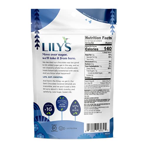 LILY'S Dark Chocolate Style No Sugar Added Covered Almonds Bag, 3.5 oz