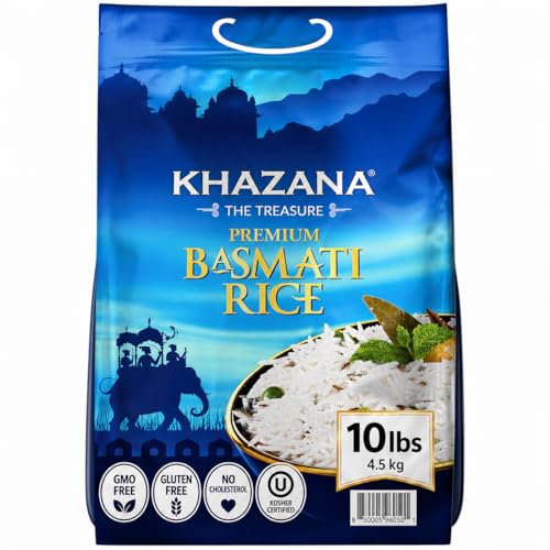 Authentic Premium Basmati Rice by Khazana in 10 lb Bag - Aromatic and Flavorful Indian Grain - Non-GMO, Gluten Free, Kosher, Cholesterol Free
