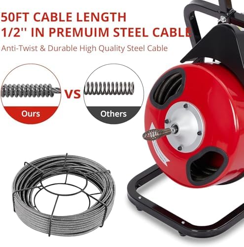 Drain Cleaning Machine, 50FT x 1/2 Inch Professional Electric Drain Auger with 4 Cutters & Foot Switch and Pair of Gloves for 1 to 4 Inch Pipes, Red