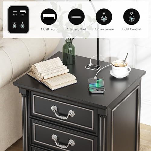 Dystler Nightstand with Gun Drawer and Charging Station | Night Stand with LED Light