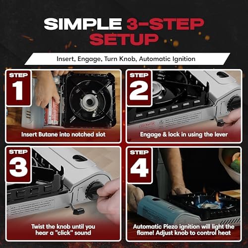 Chef Master 15,000 BTU Butane Portable Camp Stove | Double Wind-Guard Portable Stove Burner w/Piezo Click Ignition for Emergencies, Tailgating, Hiking, Backpacking & Camping Essentials - 90019