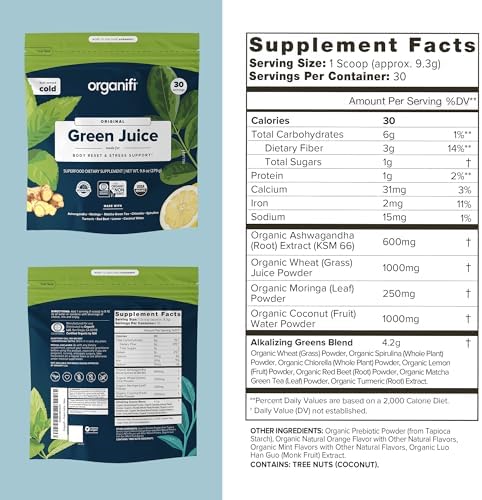 Organifi Green Juice - Powder Supplement with Organic Spirulina, Ashwagandha, and Chlorella - Helps Achieve Fitness Goals and Reduce Cortisol Levels, 30-Day Supply