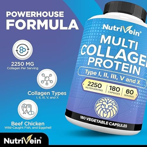 Nutrivein Multi Collagen Peptides Pills 2250 mg - 180 Capsules, 5 Types | Types I, II, III, V, X hydrolyzed peptides for women and men. Supports hair