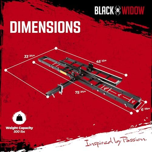Black Widow Steel Motorcycle Carrier with Ramp for 2-Inch Receiver, 500 lb Capacity - Hitch-Mounted Dirt Bike and Scooter Hauler with Grit-Coated Track and Anti-Rattle Device for SUVs and Trucks