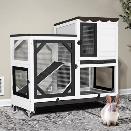 Indoor Rabbit Bunny Hutch Outdoor, Guinea Pig Cages with Removable Bottom Wire Netting - Easy Clean