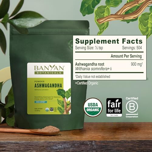 Banyan Botanicals Ashwagandha Powder – Organic Ashwagandha Root – Renowned Herbal Adaptogen for Natural Energy Support and Stress Support* – 1/2lb – Non-GMO Sustainably Sourced Vegan