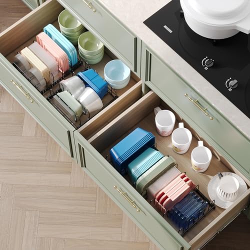 X-cosrack Expandable Food Container Lid Organizer, Large Capacity Adjustable 10 Dividers Detachable Lid Organizer Rack for Cabinets, Cupboards