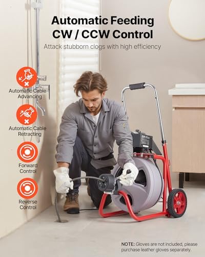 VEVOR Drain Cleaner Machine 100 FT x 1/2 Inch, Auto Feed Sewer Snake Drain Auger on Wheels, Portable Drain Cleaning Machine with 8 Cutters & Air-Activated Foot Switch for 2" to 6" Pipes
