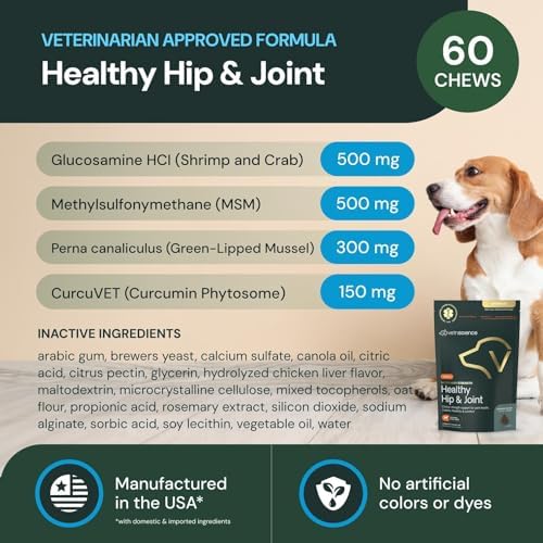 VETRISCIENCE Veterinary Strength Healthy Hip & Joint Chews - Joint Health Supplement for Dogs - Supports Mobility & Flexibility - 60 Count