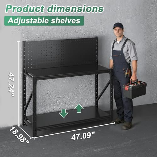 Work Bench with Pegboard,Heavy Duty 3000lbs Capacity Workbench Adjustable Shelves,Work Table for Garage Warehouse47.2 H*47.09" W*19" D
