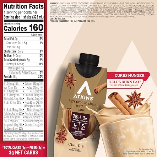 Atkins Café au Lait Iced Coffee Flavored High Protein Shake, Low Sugar and Low Carb, Keto Friendly, Ready to Drink Protein Drink, Gluten Free