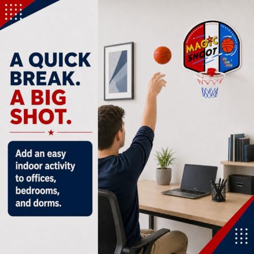 Indoor Mini Basketball Hoop Set, 16 x 13 in Backboard, Ball and Manual Pump | Over The Door Basketball Hoop With 9-Inch White Rim, 4.5-Inch Ball