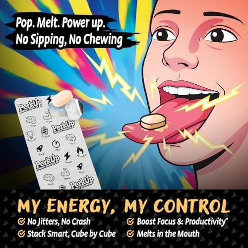 HealthA2Z® PerkUp® Energy Booster, Natural Caffeine 50mg, B Vitamins, Melt-in-Mouth Cubes, Sugar Free, Zero Calorie, Energy, Focus & Productivity