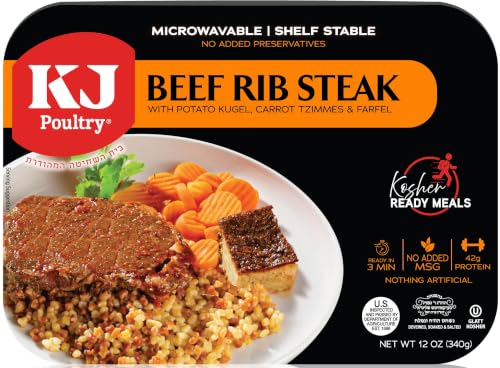 KJ Poultry Kosher Ready Meals - Beef Rib Steak & Kugel, MRE Meat Meals Ready to Eat, Shabbos Food (1 Pack) Prepared Entree Fully Cooked, Shelf Stable Microwave Dinner Travel Military Camping Survival