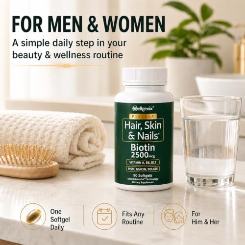Wellgenix Purvana Hair Skin and Nails Supplement – 2500mcg Biotin Softgels with MSM & B-Complex – Daily Beauty Support for Stronger Nails & Hair Vitality – 90 Softgels | MSM, alpha lipoic acid & grape seed softgels for thicker-looking hair, stronger-look…