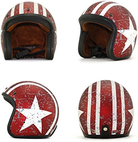 3/4 Open Face helmet, Motorcycle Helmet Flat with Rebel Star Graphic White + Red (M)