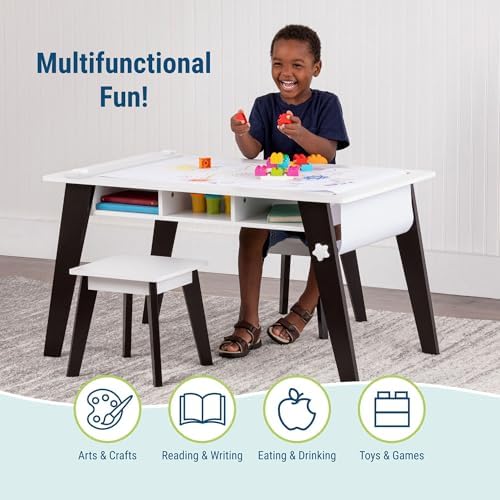 Wildkin Kids Arts & Crafts Table Set – Mid-Century Modern Design with 2 Stools, Storage Cubbies & Paper Roll - White