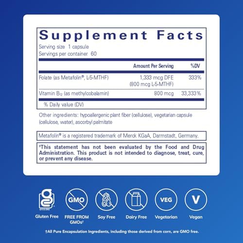 Pure Encapsulations B12 Folate - Energy Supplement to Support Nerves, Energy Metabolism & Cognitive Support* - with Vitamin B Folate as Metafolin - 60 Capsules | Energy Supplement to Support Nerves, Energy Metabolism and Cognitive Function Support*, with…