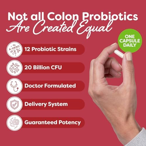 Probulin Colon Support Daily Probiotic + Prebiotic + Support Gut Health, Occasional Gas and Bloating - 20 Billion CFU - 12 Strains, 30 Vegan Capsules
