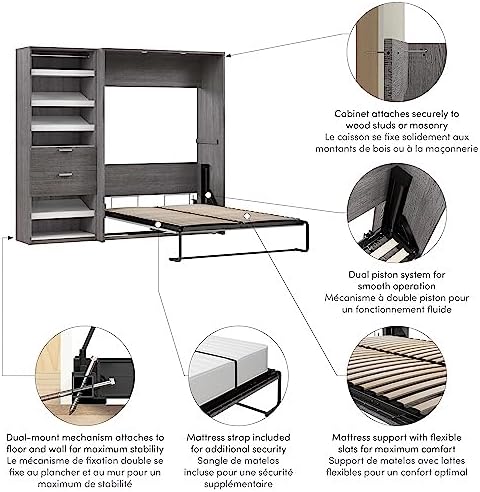 Bestar Cielo Full Murphy Bed with Closet Organizer (89W) in Bark Gray and White, Sleeping Arrangement for Multipurpose Room | Closet Organizer