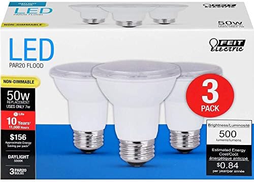 Feit Electric PAR20 LED Light Bulb, 50W Equivalent, Non-Dimmable, 5000K Daylight White, E26 Base, 500 Lumen, Indoor/Outdoor Recessed Light Bulb