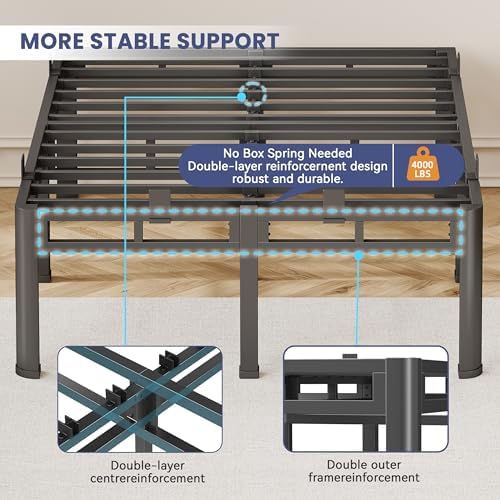 20 Inch Queen Size Bed Frame,Double Layer Heavy Duty Metal Platform Tall | Easy Assembly,Noise Free,2in1 Base,4000lbs Capacity,6 Mattress Stoppers,Round Corner Legs,16"Storage Space,Headboard Holes