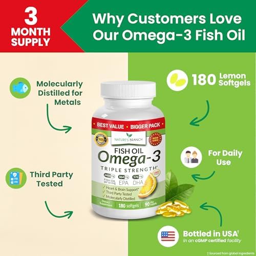 Triple Strength Omega 3 Fish Oil for Heart Health, Brain & Eyes – Burpless | High EPA & DHA Fish Oil for Men & Women, Lemon Flavor, Third Party Tested, Omega 3 Supplements for Joints – 120 Capsules