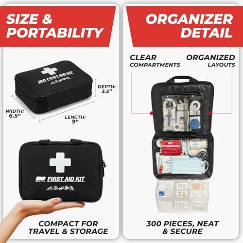 M2 BASICS 300 Piece Premium First Aid Kit w/Durable Bag for Home, Business | Office, Workplace, Car, Garage, Kitchen, Family, Classroom, Jobsite