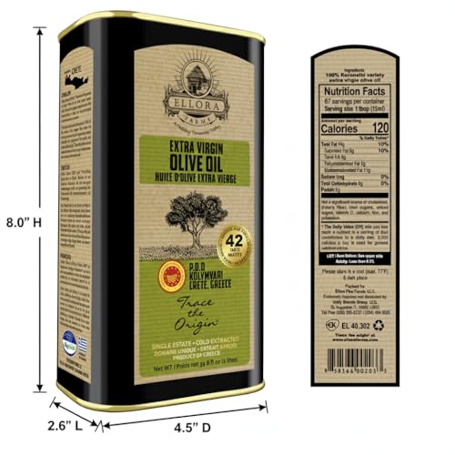 Ellora Farms Olive Oil Extra Virgin, Traceable & Certified PDO Polyphenol Rich Extra Virgin Olive Oil Cold Pressed, Global Gold Awards, Kosher, Single Origin from Crete, Greece 33.8 Fl oz, Pack of 2
