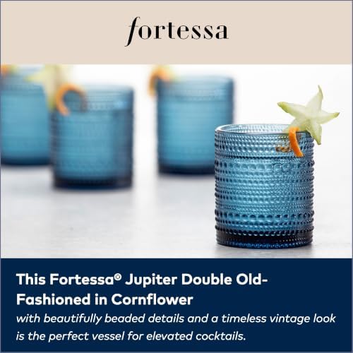FORTESSA Jupiter Beaded Hobnail Glass Vintage Themed Drinkware Set, 10 Ounce Double Old Fashioned Glass (Set of 6), Dishwasher-Safe, Blue