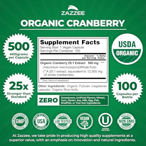 Zazzee USDA Organic Cranberry 25:1 Extract, 500mg per Capsule, 100 Capsules | Vegan, 3+ Month Supply, Certified Kosher, Vaccinium Macrocarpon, Non-GMO, Made in the USA
