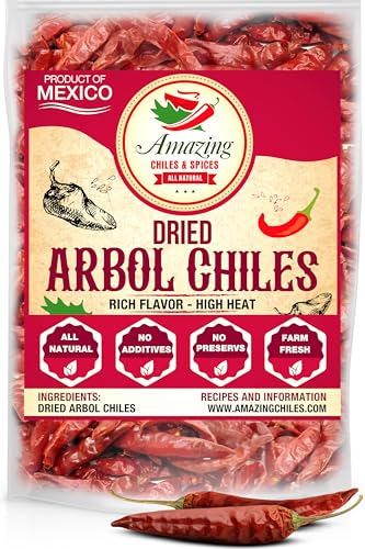 Chile De Arbol 4oz - Dried Whole Red Chili Peppers, Premium All Natural Stemless, Resealable Bag. Use in Mexican, Chinese and Thai Dishes. Spicy Hot Heat Full of Flavor