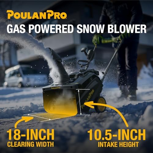 Poulan Pro Snow Blower Gas Powered, Single Stage 18 Inch Gas Snow Thrower | with Electric Start, 190° Remote Chute Control