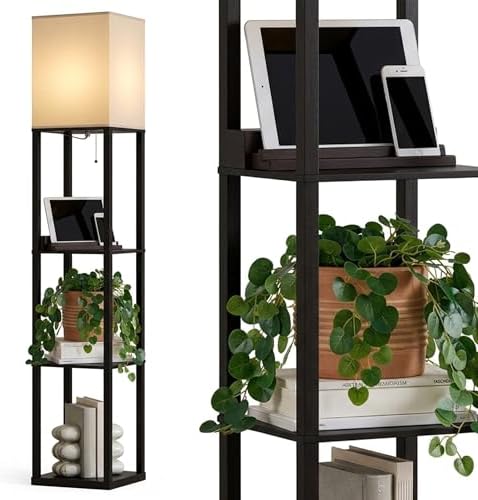 Brightech Maxwell Charger - Modern Shelf Floor Lamp with USB Charging Ports & Electric Outlet - Corner Display Floor Lamps with Shelves for Living