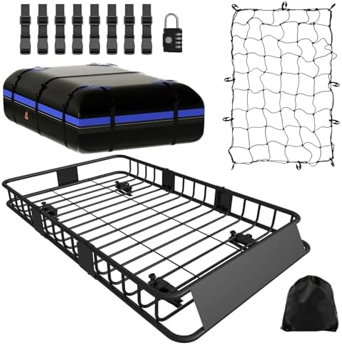 FORWODE 250LBS Universal Roof Rack Basket, 64"x39"x6" Rooftop Cargo Carrier Rack + Waterproof Cargo Bag 15 Cubic Feet(43"x34"x17")
