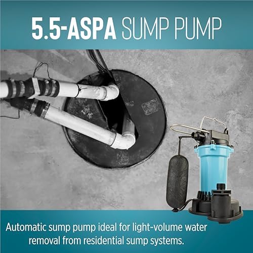 Little Giant 5.5-ASPA 115V, 1/4 HP Aluminum Automatic Sump Pump, 10' Cord | 2100 GPH, Submersible, Integral Snap Action Float Switch