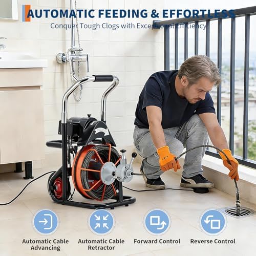 100FT x 3/8 Inch Drain Cleaning Machine with 10 Cutters & Air-Activated Foot Switch, Auto Feed Drain Snake Auger on Wheels