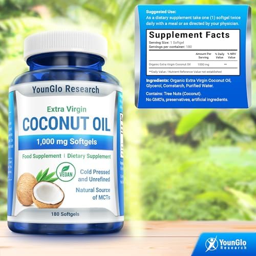 Coconut Oil 1000 mg 100% Cold-Pressed Organic Extra Virgin Coconut Oil 180 Vegan Softgel Capsules Keto-Friendly Dietary Supplement Support for Hair, Nails & Skin Health