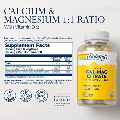 SOLARAY Calcium Magnesium Citrate 1:1 with Vitamin D2, 180 VegCaps | Bone, Muscle, Teeth & Nerve Support, Calcium & Magnesium Citrate with Vitamin D2