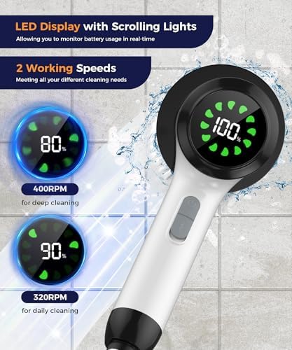 6-in-1 Cordless Electric Spin Scrubber with Long Handle | Power scrubber, bathroom scrubber, 47.2 in long handle, 2 speed scrub brush, IPX7 rated body, kitchen, tile, tub, floor